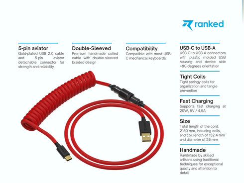Coiled Keyboard Cable | 5-Pin Aviator Connector - Ranked