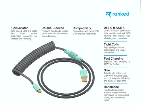 Coiled Keyboard Cable | 5-Pin Aviator Connector - Ranked